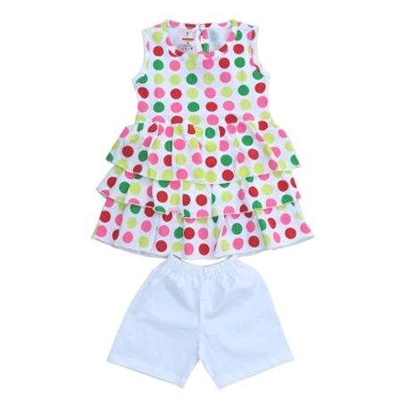 White Cotton Top 3 Layered Knee Length Sleeveless Top with Multicolored Polks Dots and White Shorts for Baby Girls (6 to 9 Month)