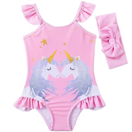Unicorn Swimming Costume for Kids, One-Piece Skin-Friendly Swim Suit for Kids Girls with Headband Cartoon Swimming Suit for Outdoor Seaside for 1-2 Years Old...