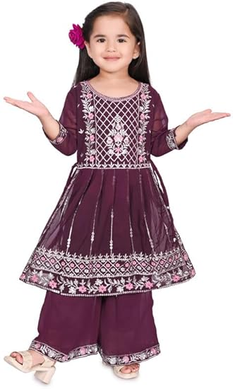Baby Girls Georgette Regular Fit Embroidered 3/4 Sleeve Ethnic Wear Kurta and Palazzo Set with Elegant Design (SCFM_220)
