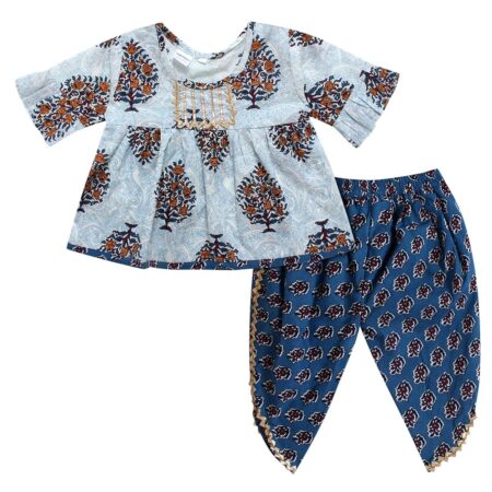 Cotton Blend Baby Girl's Jaipuri Print Frock Style Kurti With Frill Sleeves And Dhoti Style Salwar With Elastic Closure Ethnic Dress Clothing Set