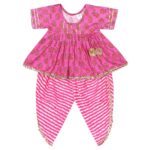 Cotton Blend Baby Girl's Jaipuri Print Frock Style Kurti With Frill Sleeves And Dhoti Style Salwar With Elastic Closure Ethnic Dress Clothing Set