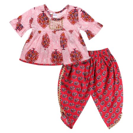 Cotton Blend Baby Girl's Jaipuri Print Frock Style Kurti With Frill Sleeves And Dhoti Style Salwar With Elastic Closure Ethnic Dress Clothing Set