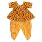 Cotton Blend Baby Girl's Jaipuri Print Frock Style Kurti With Frill Sleeves And Dhoti Style Salwar With Elastic Closure Ethnic Dress Clothing Set