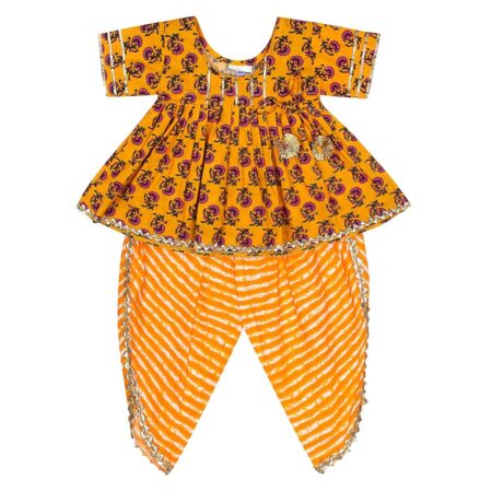 Cotton Blend Baby Girl's Jaipuri Print Frock Style Kurti With Frill Sleeves And Dhoti Style Salwar With Elastic Closure Ethnic Dress Clothing Set