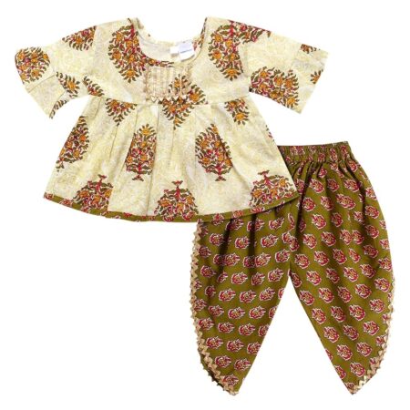 Cotton Blend Baby Girl's Jaipuri Print Frock Style Kurti With Frill Sleeves And Dhoti Style Salwar With Elastic Closure Ethnic Dress Clothing Set