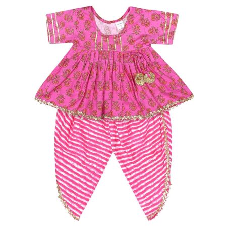 Cotton Blend Baby Girl's Jaipuri Print Frock Style Kurti With Frill Sleeves And Dhoti Style Salwar With Elastic Closure Ethnic Dress Clothing Set