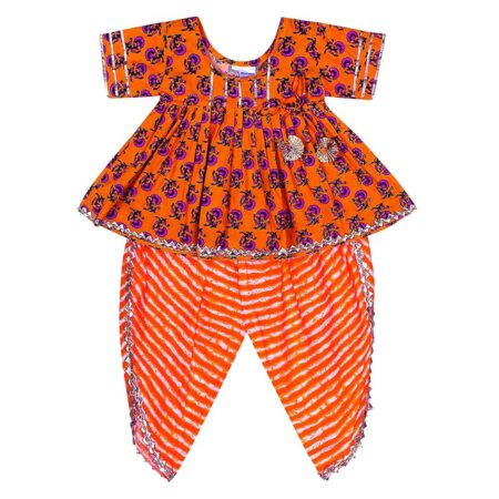 Cotton Blend Baby Girl's Jaipuri Print Frock Style Kurti With Frill Sleeves And Dhoti Style Salwar With Elastic Closure Ethnic Dress Clothing Set