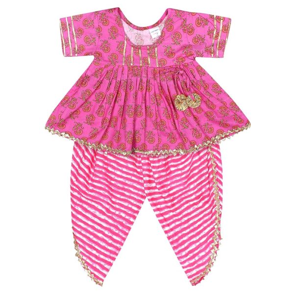 Cotton Blend Baby Girl's Jaipuri Print Frock Style Kurti With Frill Sleeves And Dhoti Style Salwar With Elastic Closure Ethnic Dress Clothing Set