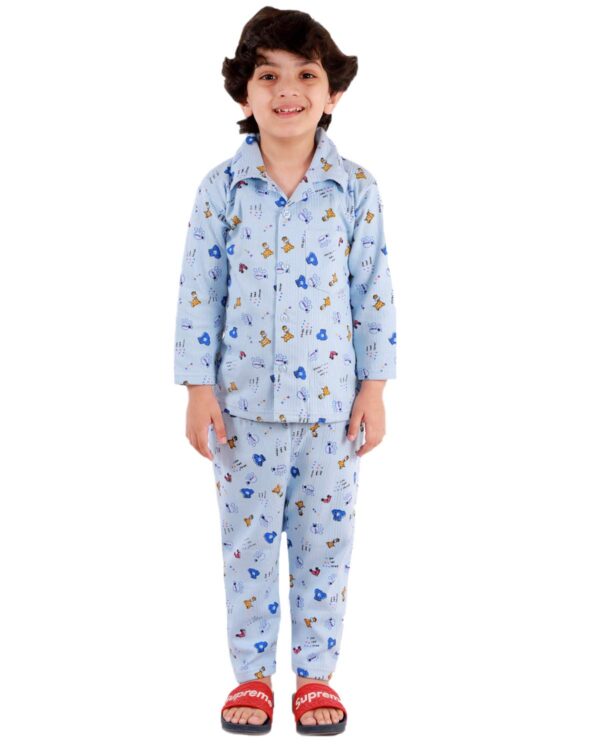 Cotton Blend Thermal Relaxed Night Suit - Full Sleeves, Printed, Collared Neck, Winter Wear For Girls, Boy's, Kids
