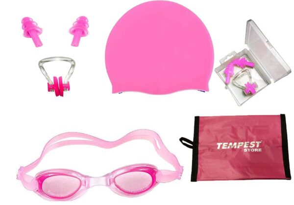 Swimming Kit for Girls with 1 Swimming Costume | Swim Suit | Swimwear | Swimming Dress Goggles Cap Ear Plug Nose Clip with Free KIT Bag (Multicolor)