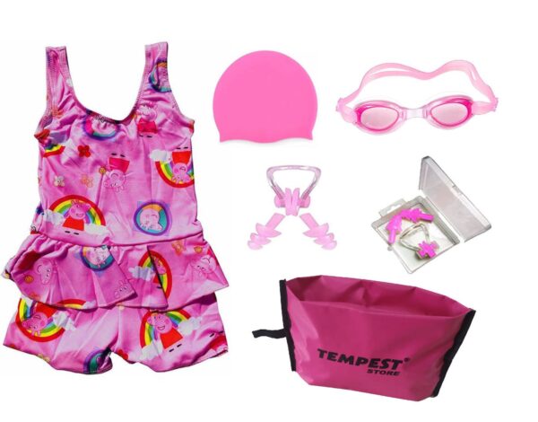 Swimming Kit for Girls with 1 Swimming Costume | Swim Suit | Swimwear | Swimming Dress Goggles Cap Ear Plug Nose Clip with Free KIT Bag (Multicolor)