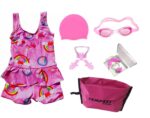 Swimming Kit for Girls with 1 Swimming Costume | Swim Suit | Swimwear | Swimming Dress Goggles Cap Ear Plug Nose Clip with Free KIT Bag (Multicolor)