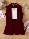 Three Piece Dress for Girls Jacket Top and Shorts Cotton Open Front Suits Set