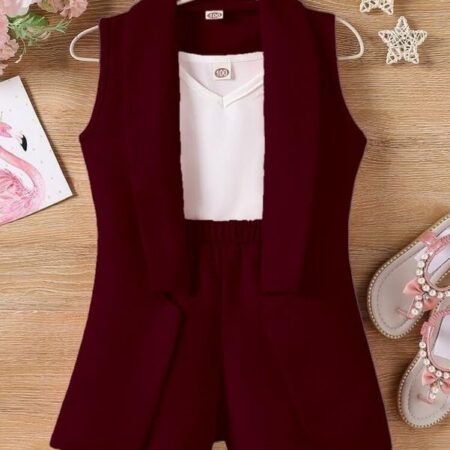 Three Piece Dress for Girls Jacket Top and Shorts Cotton Open Front Suits Set