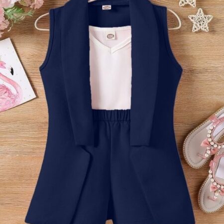 Three Piece Dress for Girls Jacket Top and Shorts Cotton Open Front Suits Set