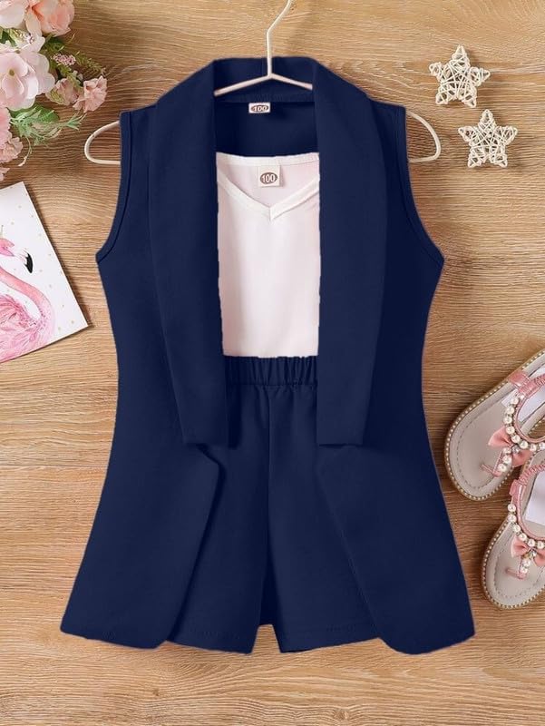 Three Piece Dress for Girls Jacket Top and Shorts Cotton Open Front Suits Set