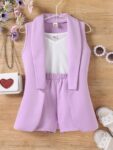 Three Piece Dress for Girls Jacket Top and Shorts Cotton Open Front Suits Set