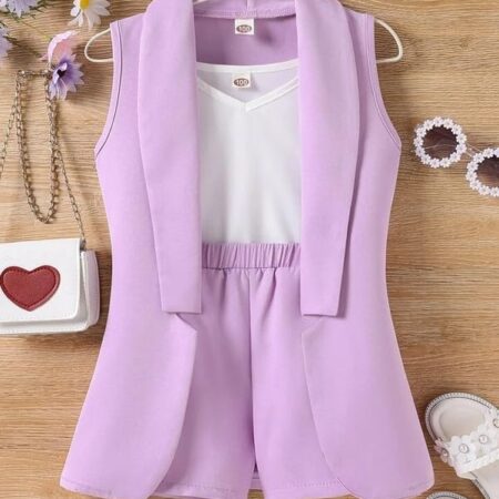 Three Piece Dress for Girls Jacket Top and Shorts Cotton Open Front Suits Set