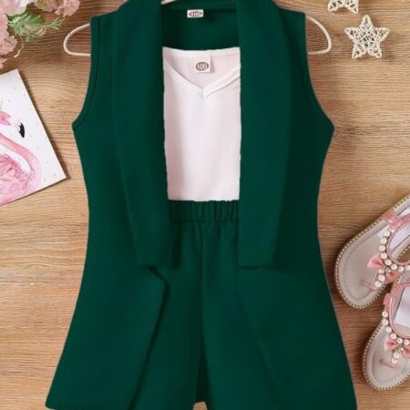 Three Piece Dress for Girls Jacket Top and Shorts Cotton Open Front Suits Set