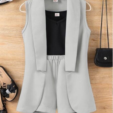 Three Piece Dress for Girls Jacket Top and Shorts Cotton Open Front Suits Set