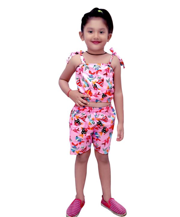 BabyGirl's Crop Cami Top & Ditsy Pink Fish Designer Layered Skirt Set for Baby Girls. (6 Month to 5 Year)