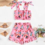 BabyGirl's Crop Cami Top & Ditsy Pink Fish Designer Layered Skirt Set for Baby Girls. (6 Month to 5 Year)