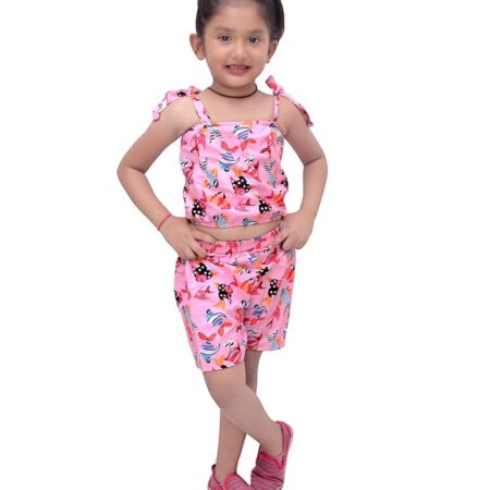 BabyGirl's Crop Cami Top & Ditsy Pink Fish Designer Layered Skirt Set for Baby Girls. (6 Month to 5 Year)