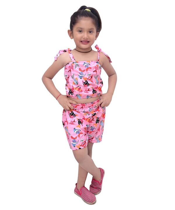 BabyGirl's Crop Cami Top & Ditsy Pink Fish Designer Layered Skirt Set for Baby Girls. (6 Month to 5 Year)