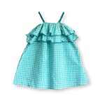 Girls Cotton Blissful Green Frock - Sleeveless Checkered Casual Seersucker Frock with Braided Straps & Overlocked Ruffles | Perfect for Summer & Everyday Wear