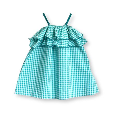 Girls Cotton Blissful Green Frock - Sleeveless Checkered Casual Seersucker Frock with Braided Straps & Overlocked Ruffles | Perfect for Summer & Everyday Wear