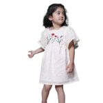 Girls Cotton Ecru Polka Embroidery Frock | Off-White Textured Half-Sleeve Frock with Floral Embroidery | Above Knee Length Dress | Lightweight, Stylish & Comfortable...