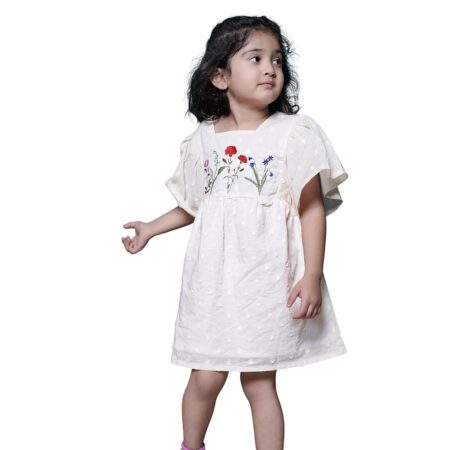 Girls Cotton Ecru Polka Embroidery Frock | Off-White Textured Half-Sleeve Frock with Floral Embroidery | Above Knee Length Dress | Lightweight, Stylish & Comfortable...