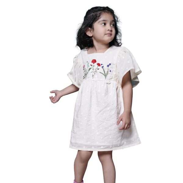 Girls Cotton Ecru Polka Embroidery Frock | Off-White Textured Half-Sleeve Frock with Floral Embroidery | Above Knee Length Dress | Lightweight, Stylish & Comfortable...