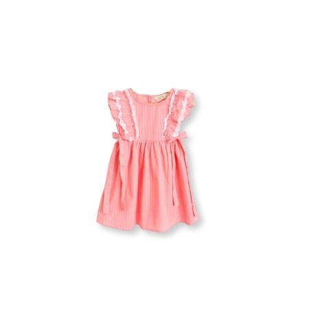 Lace Ruffle Frock | Sleeveless Pink Cotton Frock for Girls | Stripe Textured Fabric, Lace Ruffle Details & Bow Tie Accents | Soft, Breathable & Stylish Kids| Casual...