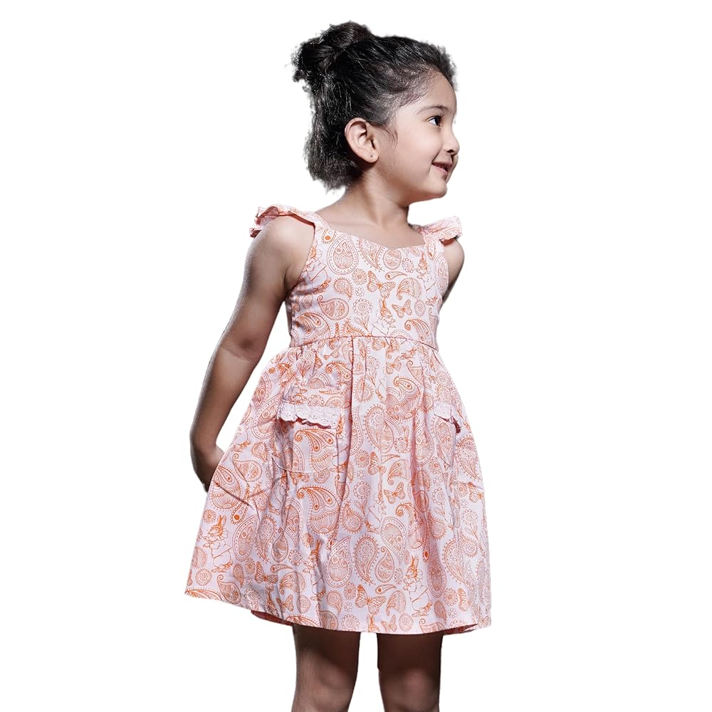Vintage Paisley Frock | Sleeveless Cotton Frock for Girls, Classic Paisley Print, Flutter Sleeves & Tie-Up Details, Breathable & Stylish Kids Casual Dress | Cozy &...